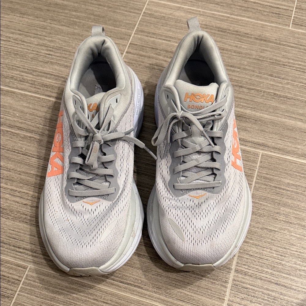 Hoka Bondi 8 Light Gray and Coral Orange Tennis Shoes or Sneakers